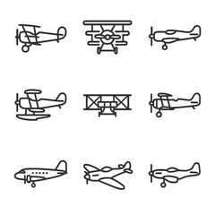 Vintage Airplanes Icons. Outline icon set of vintage airplanes: biplane, triplane, propeller-driven monoplane, seaplane, Wright