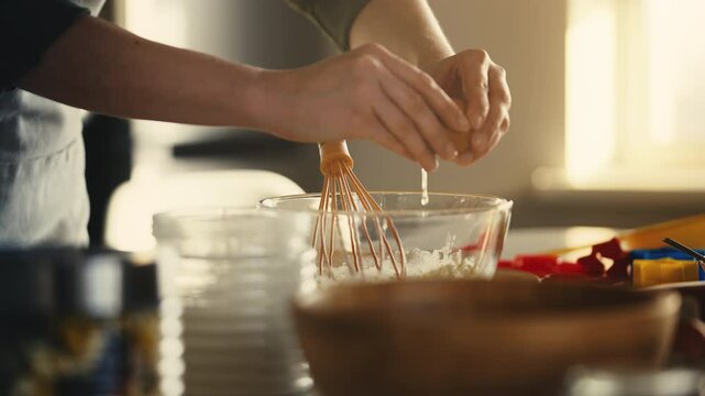 Woman adding egg to flour in bowl, stirring ingredients, homemade dough