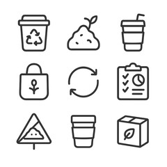 Waste Reduction Icons. Outline icon set of waste reduction strategies: recycling bin, compost pile, reusable cup, zero-waste bag,