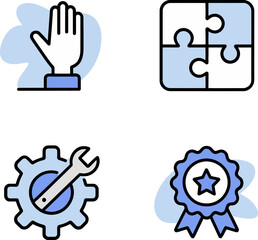 Training and workshop icon pack. Puzzle matching, skills development, award ribbon, and technical support gear  