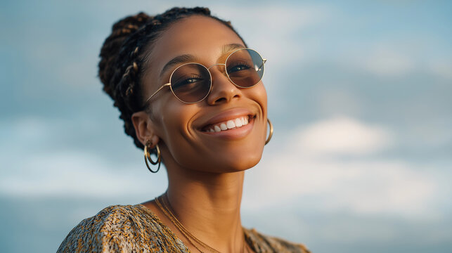 Happy woman with cornrow braids and sunglasses under cloudy sky