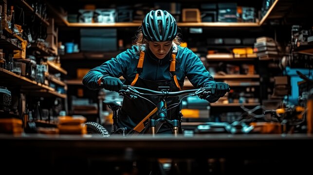 Woman repairs bicycle in a workshop