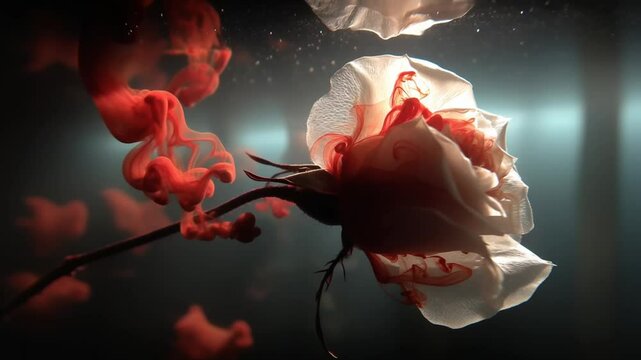 White rose releasing red smoke plume in dark atmosphere
