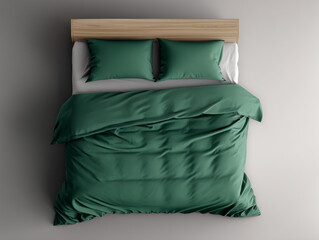 A top-down view showcases a neatly made bed, adorned with elegant green linens and pillows