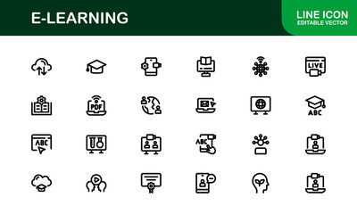 Professional E-learning icon collection crafted to elevate online education interfaces, course creators, and virtual classrooms with clean, modern visuals.