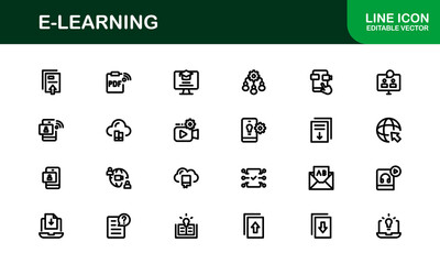 Professional E-learning icon collection crafted to elevate online education interfaces, course creators, and virtual classrooms with clean, modern visuals.