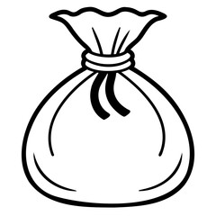 Illustration of a tied sack with gathered top and string closure in black outline on transparent background