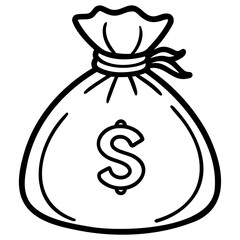 Money bag with dollar sign in black and white outline drawing simple illustration on transparent background