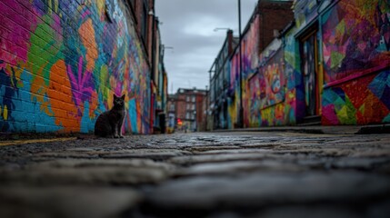 Cat on Cobblestone Road with Colorful Murals and Street Art