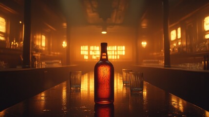 Amber bottle on a dimly lit bar top