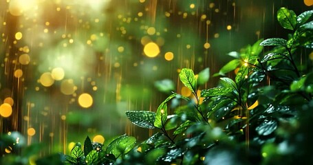 Green leaves in a green background with bokeh effect, sun light in a sunny day with droplets of rain or water, focus on foreground and background, abstract scene of an outdoor - Powered by Adobe