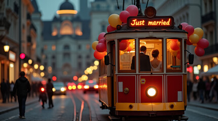 A vintage tram decorated with bright red balloons and a Just Married sign is moving through a lively city street at sunset. The warm golden light reflects off the tram, creating a romantic atmosphere 