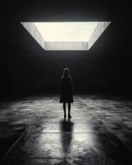 Woman standing in dark concrete space, skylight above