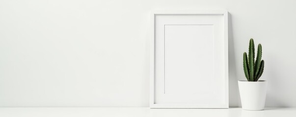 Clean white background, picture frame mockup, small cactus , scene, prop, studio