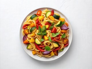 A vibrant plate of pasta with colorful roasted vegetables and fresh basil leaves, served in a white bowl on a white surface.