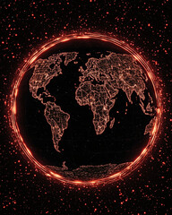 Glowing globe with intricate map details, surrounded by vibrant cosmic background, representing global connectivity and technology