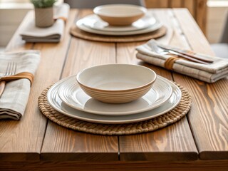 A rustic wooden dining table set with plates, bowls, woven placemats, and neatly folded napkins with cutlery, ready for a meal.