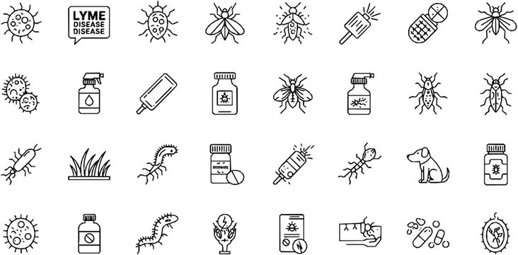 Lyme disease line icon set. Vector pictograms of pathogen, insect, repellent, spray, grass, dog, antibiotic pill, spirochete, doxycycline, disease prevention, awareness, thin linear illustration.