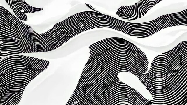Abstract background with wavy black lines on a white background. The black lines create a flowing, textured pattern on the white surface. Minimal abstract gradient wavy line