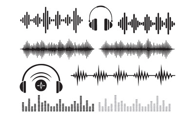 Sound Wave Visualisation, Podcast sound waves set. Waveform pattern for music player, podcast, voise message, music app. Audio wave icon