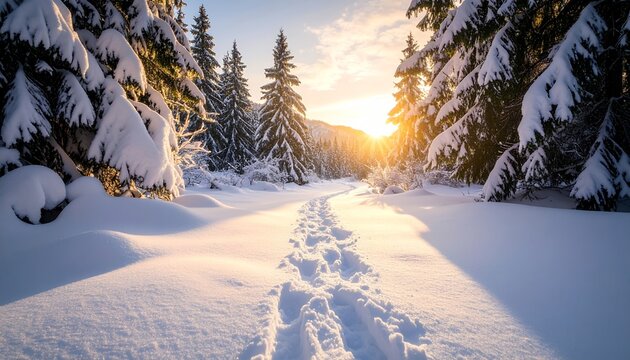 Sunlit winter path through a snow-covered evergreen forest at sunset.