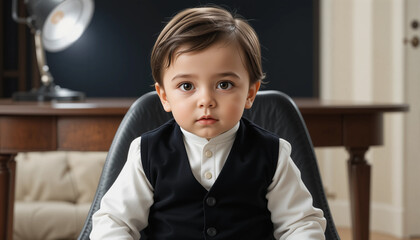 The Little Executive: A portrait of a young child confidently dressed in business attire, seated in a chair, exuding a sense of seriousness and ambition, surrounded by a desk lamp and table.