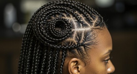 Close-up showcases intricate braided hairstyle featuring a spiral design on the head, elegant and stylish.