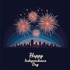 Stylized vector illustration of a night cityscape with bright fireworks in red, white, and blue for American Independence Day.