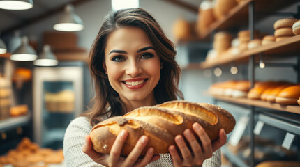 smiling woman  seller inside a bakery