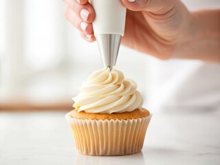 A hand decorates a vanilla cupcake with smooth, creamy white frosting using a piping bag.
