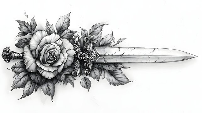Detailed dagger piercing through an elegant rose tattoo
