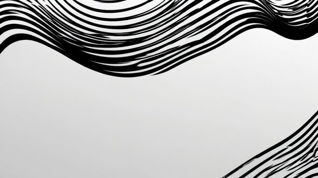 Abstract background with wavy black lines on a white background. The black lines create a flowing, textured pattern on the white surface. Minimal abstract gradient wavy line