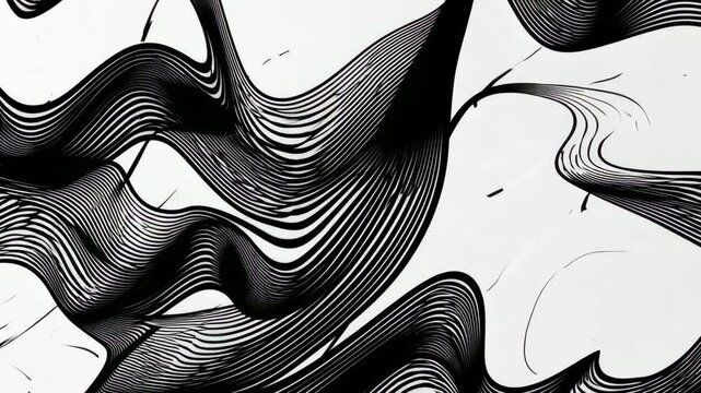 Abstract background with wavy black lines on a white background. The black lines create a flowing, textured pattern on the white surface. Minimal abstract gradient wavy line