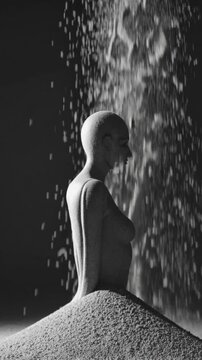 Silhouette humaine ensevelie sous une pluie de sable monochrome