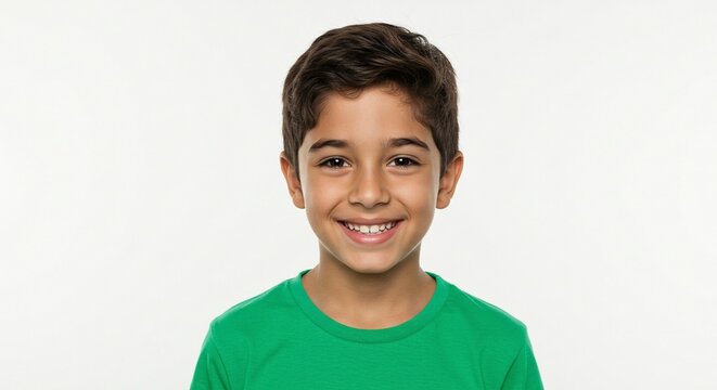 A young boy with brown hair and eyes smiles brightly while wearing a green shirt against a white background.
