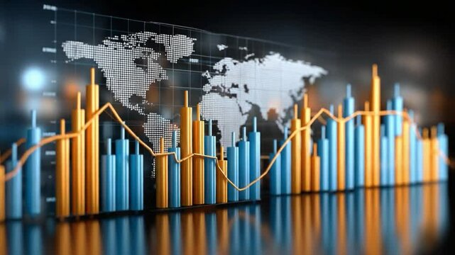 Global Financial Data: A dynamic visual of the world map, charting economic performance with vibrant graphs in financial landscape