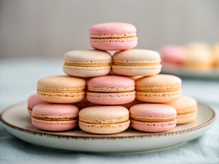 Fototapeta premium A pyramid stack of pastel pink and beige macarons arranged neatly on a white ceramic plate.
