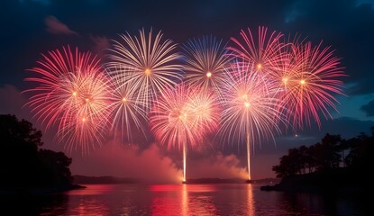 Distant Fireworks Exploding Over Night Landscape with Reflections