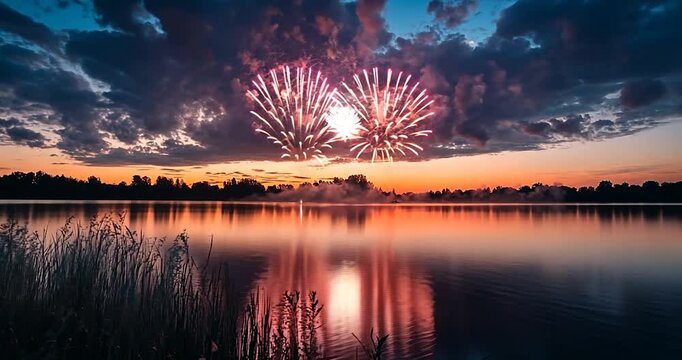 A breathtaking view of a sunset over a lake with fireworks and a cityscape silhouette, this video highlights the beauty of nature and festivities with vibrant colors and dramatic atmosphere
