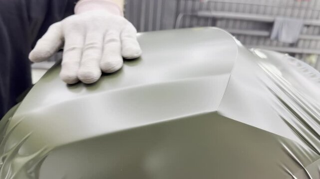 A specialist in wrapping a car with green khaki colored vinyl or ppf film in the process of work. Car wrapping specialists cover the car with green vinyl film. Khaki green vinyl foil. Selective focus.