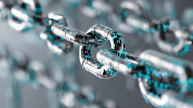 Close-up view of digital chain with binary code representing blockchain technology and cybersecurity concepts - Powered by Adobe