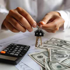A high-quality, ultra-detailed image of a person wearing a white button-up shirt, holding a set of house keys with a small black house-shaped keychain in one hand.