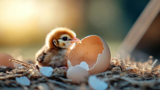Newborn chick with cracked eggshell macro shot on straw nest lit by soft sunlight
