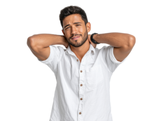 Man with Neck Pain: A man with a pained expression, hand on his neck, conveys the stress and discomfort of physical strain, highlighting the realities of modern life, in a photorealistic shot.