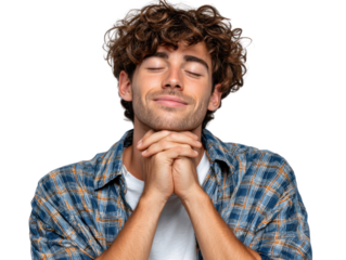Contentment and Contemplation: A young man, eyes gently closed, rests his chin upon clasped hands, embodying a serene state of mind, suggesting introspection, mindfulness and inner peace.