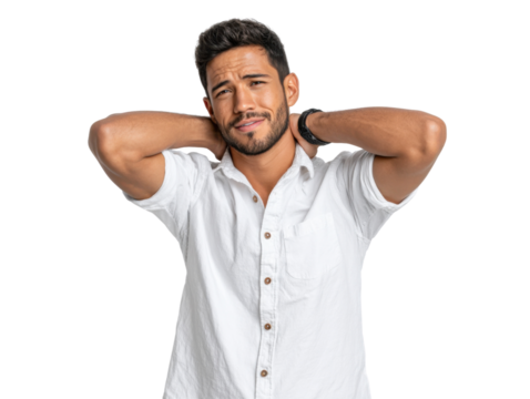 Man with Neck Pain: A man with a pained expression, hand on his neck, conveys the stress and discomfort of physical strain, highlighting the realities of modern life, in a photorealistic shot.