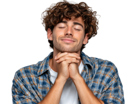 Contentment and Contemplation: A young man, eyes gently closed, rests his chin upon clasped hands, embodying a serene state of mind, suggesting introspection, mindfulness and inner peace. - Powered by Adobe