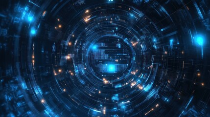Fototapeta premium Abstract digital portal with glowing blue and orange energy. Complex circular design with intricate details