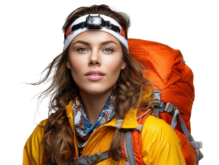 Adventurous spirit: A captivating portrait of a young woman hiker, complete with backpack and headlamp, embodying the spirit of adventure and resilience in the great outdoors.