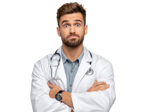 Professional with Uncertainty: A thoughtful medical professional, clad in a pristine white coat and stethoscope, appears perplexed and introspective. With a gaze of deep contemplation.